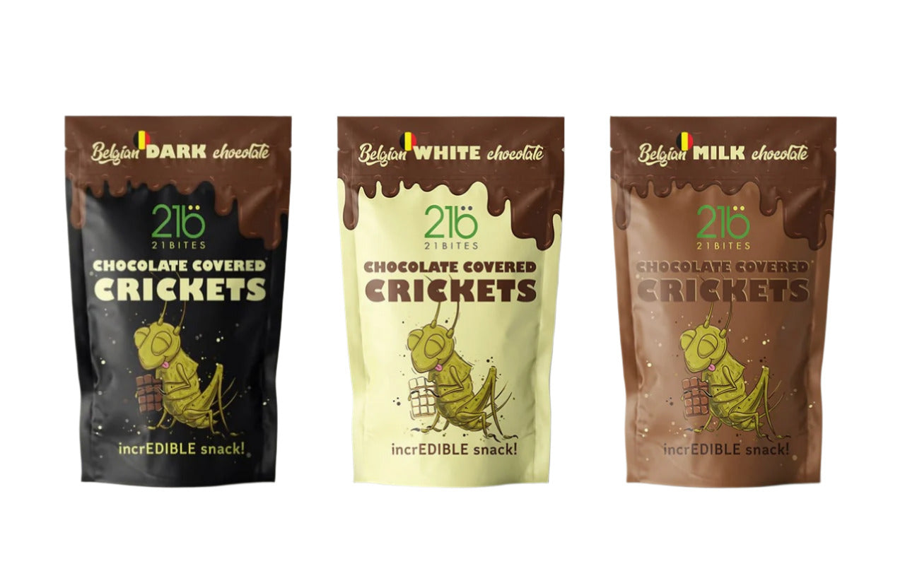 21bites - Chocolate covered crickets (dark, milk white)